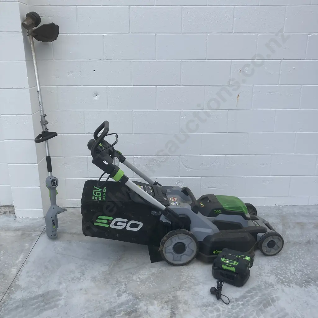 EGO+ 56V Power Mower With Catcher, 49cm, Side Discharge & Mulching Plugs, & Line Trimmer, 33cm, 4.0Ah Battery & Charger Image 1++