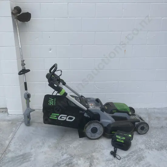 EGO+ 56V Power Mower With Catcher, 49cm, Side Discharge & Mulching Plugs, & Line Trimmer, 33cm, 4.0Ah Battery & Charger