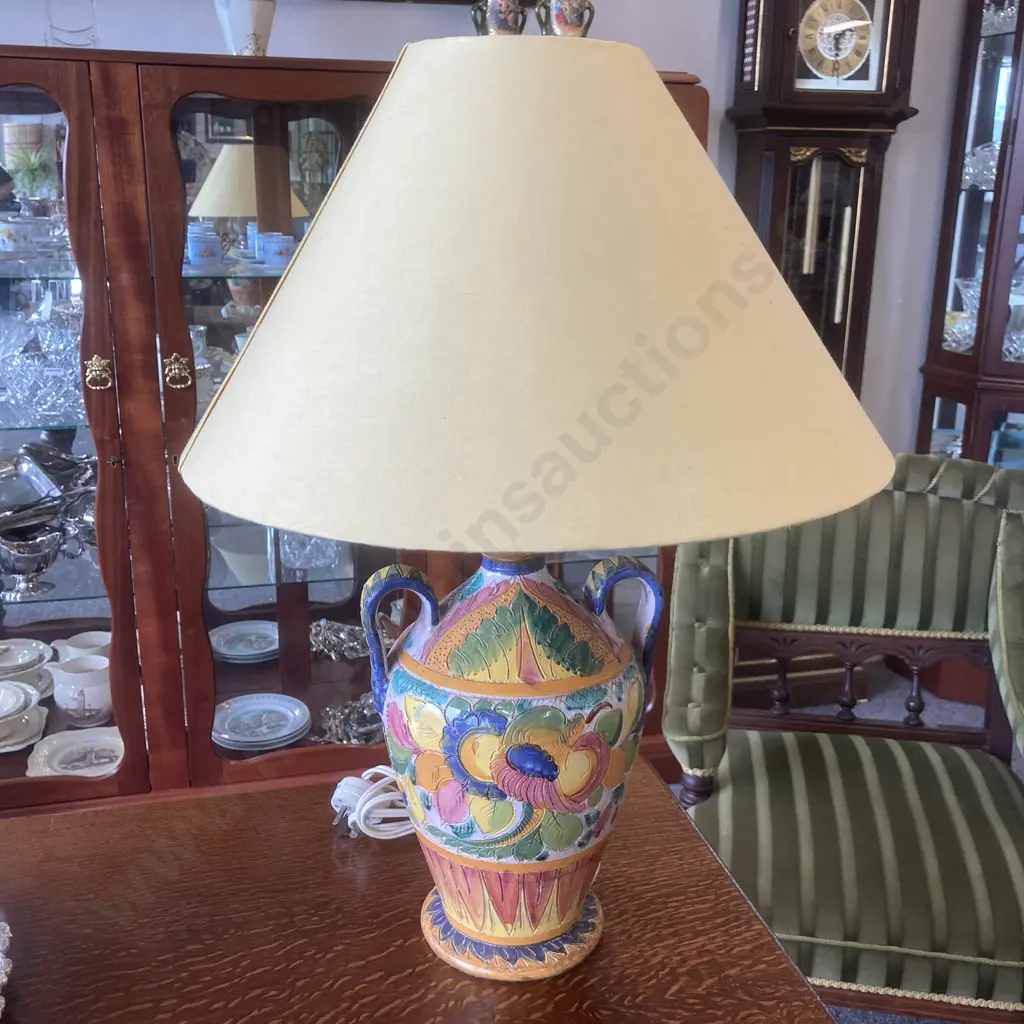 Italian Double Handled Hand Painted Lamp With Yellow Shade, Incised Stylised Fruit & Leaves Design, H55cm Image 1++