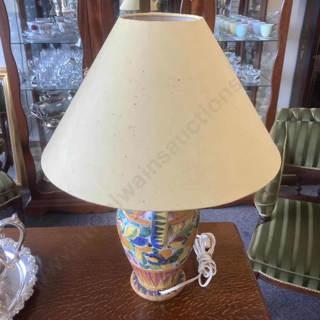 Italian Double Handled Hand Painted Lamp With Yellow Shade, Incised Stylised Fruit & Leaves Design, H55cm Image 1++