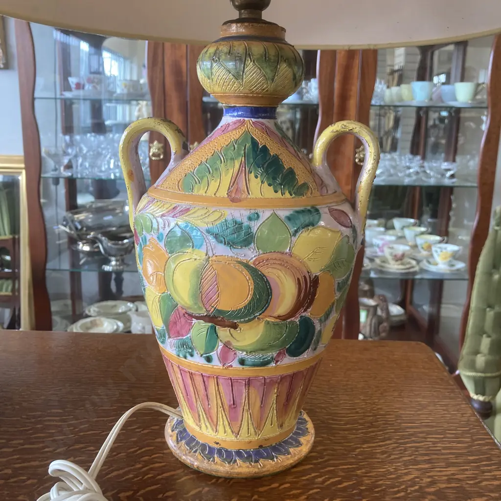 Italian Double Handled Hand Painted Lamp With Yellow Shade, Incised Stylised Fruit & Leaves Design, H55cm Image 1++