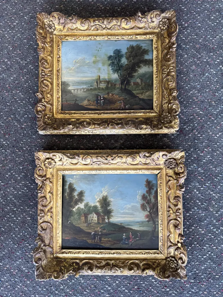 Pair of Antique Original Paintings on Tin, Gilt Framed, 34 x 29cm Image 1++