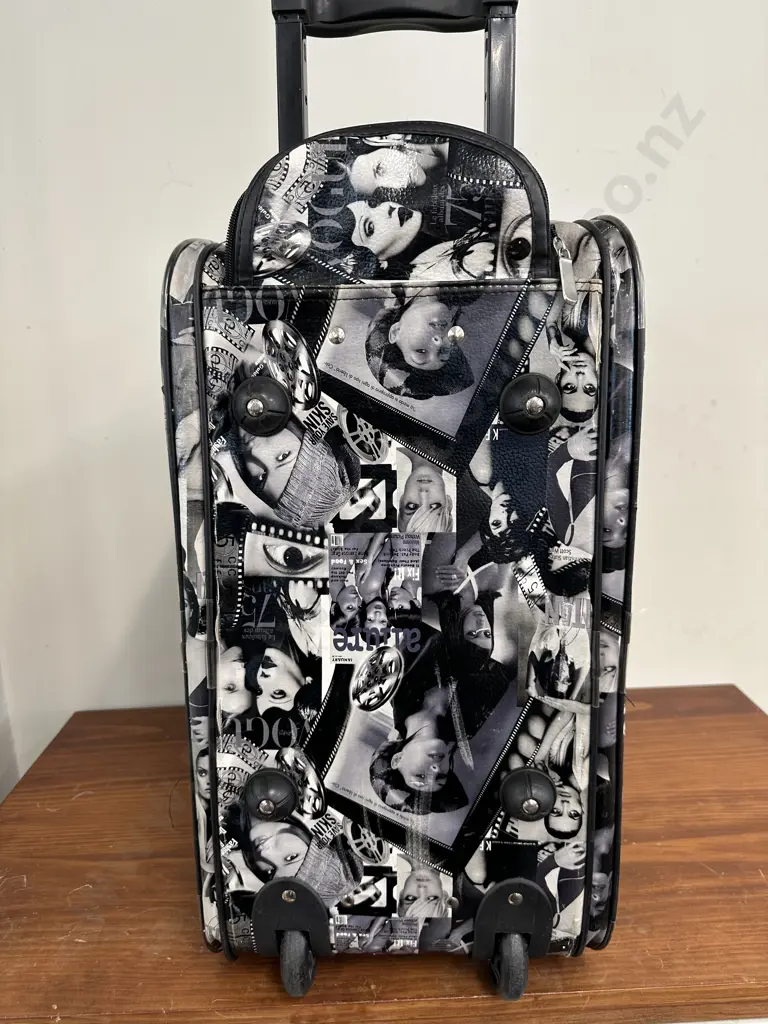 Art Deco Style Travel Bag, Telescopic Handle & 2 Wheels, Vintage Condition H52 W54 D29 Image 1++