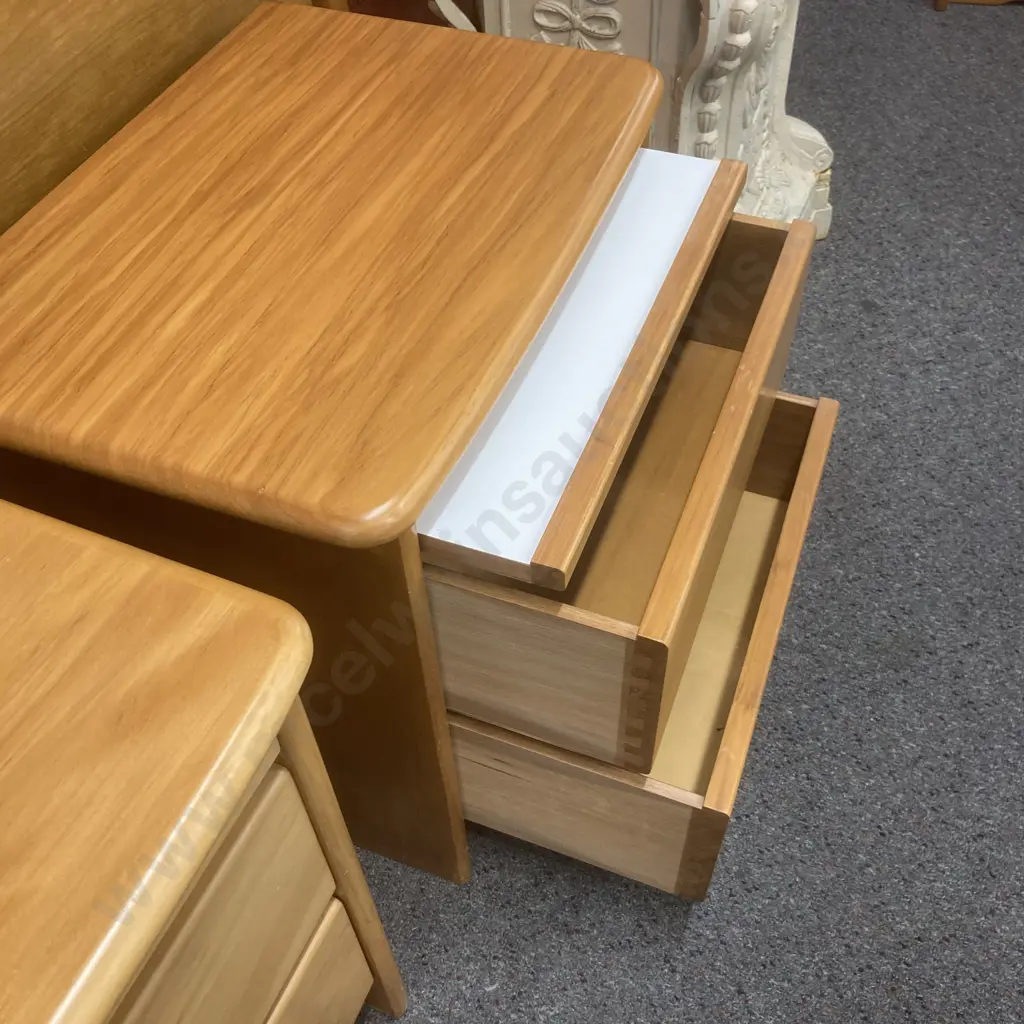Danske Mobler Solid Rimu Oueensize Headboard & Pair of Bedside Cabinets, 2 Drawer With Pull out Tray Image 1++