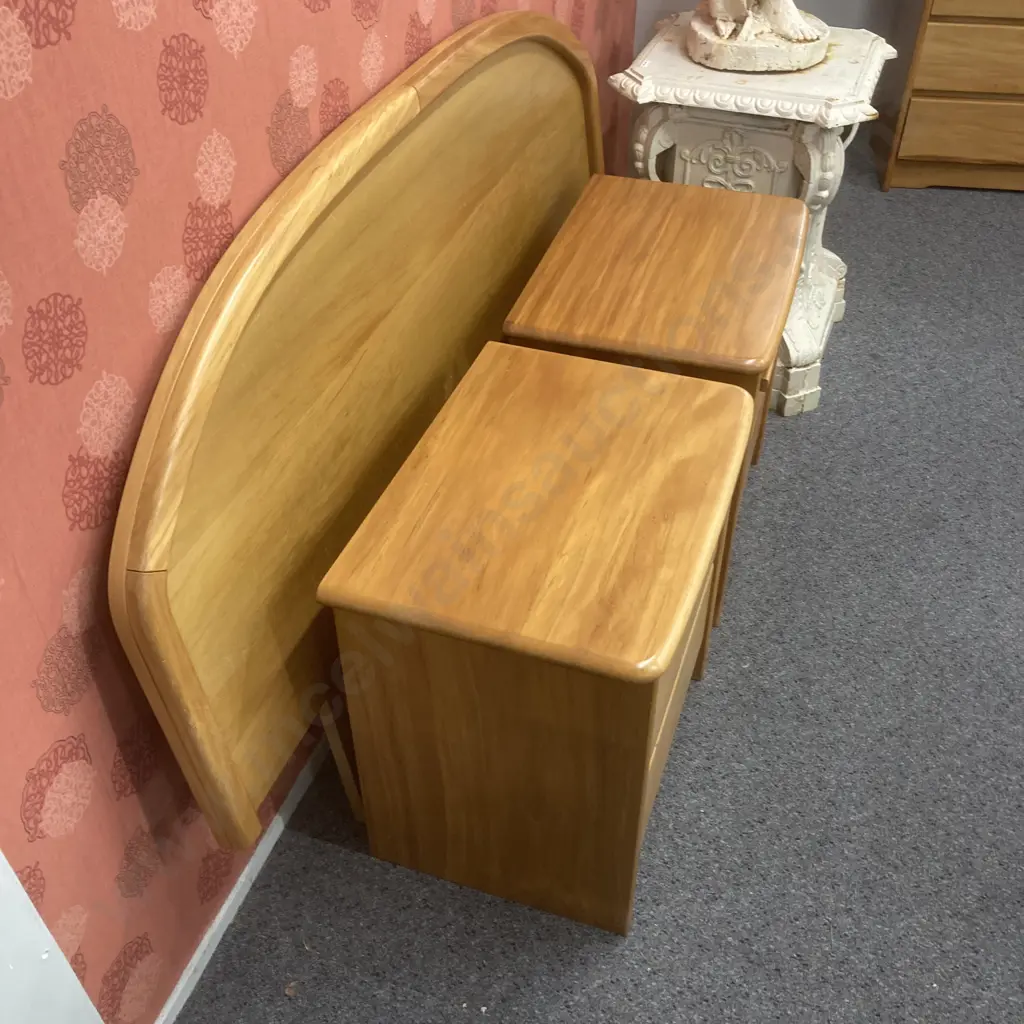 Danske Mobler Solid Rimu Oueensize Headboard & Pair of Bedside Cabinets, 2 Drawer With Pull out Tray Image 1++