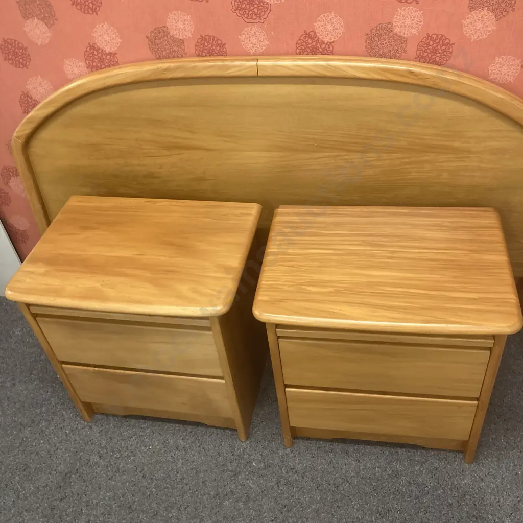 Danske Mobler Solid Rimu Oueensize Headboard & Pair of Bedside Cabinets, 2 Drawer With Pull out Tray Image 1++