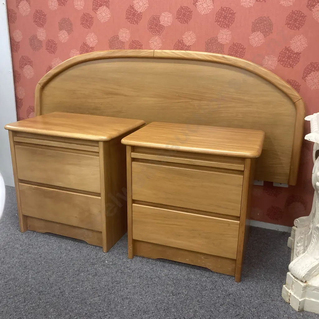 Danske Mobler Solid Rimu Oueensize Headboard & Pair of Bedside Cabinets, 2 Drawer With Pull out Tray Image 1++