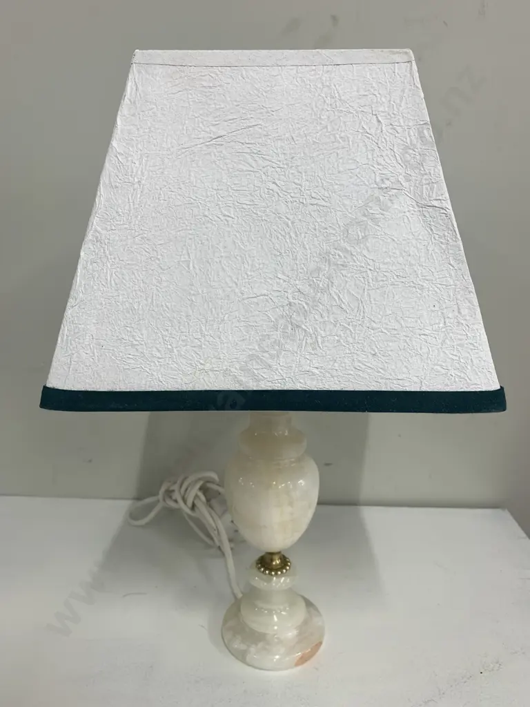 Vintage Marble Based Table Lamp With Square White Shade With Green Trim H40cm Image 1++