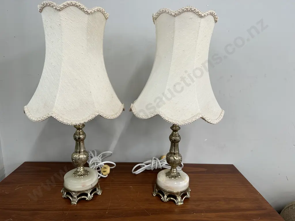 Pair Of Vintage Table Lamps Brass Ornate Base With Marble & Cream Shades  Image 1++