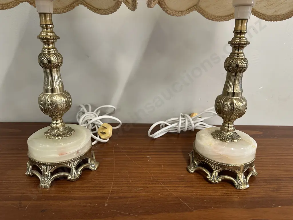 Pair Of Vintage Table Lamps Brass Ornate Base With Marble & Cream Shades  Image 1++