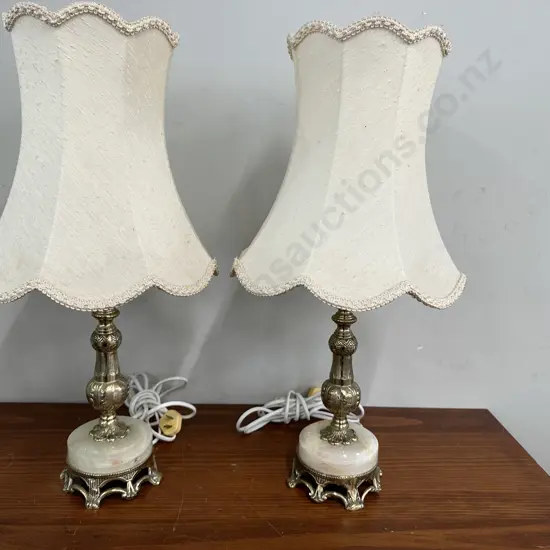 Pair Of Vintage Table Lamps Brass Ornate Base With Marble & Cream Shades 