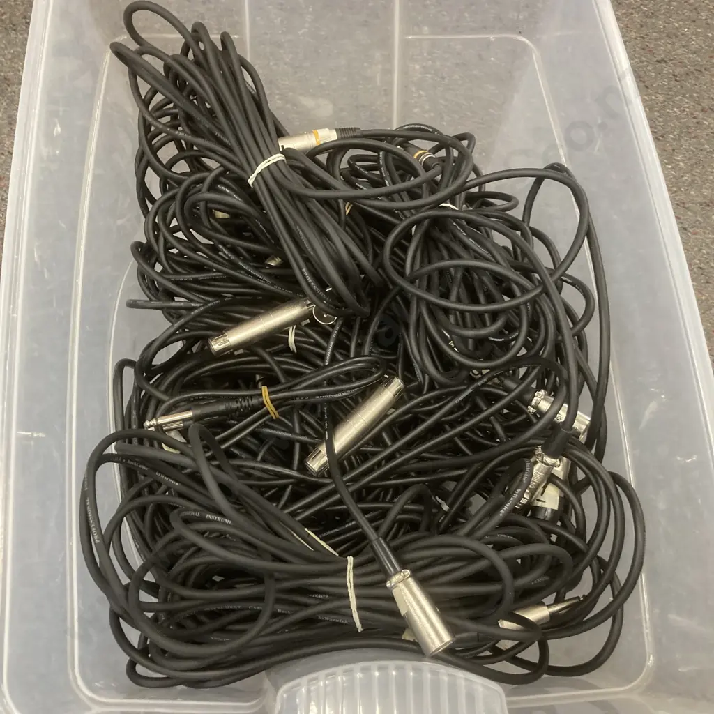Bin of 15 Assorted Length & Type Audio Cables, Female To Female Adaptors, Mono Plug to 3 Pin Etc Image 1++