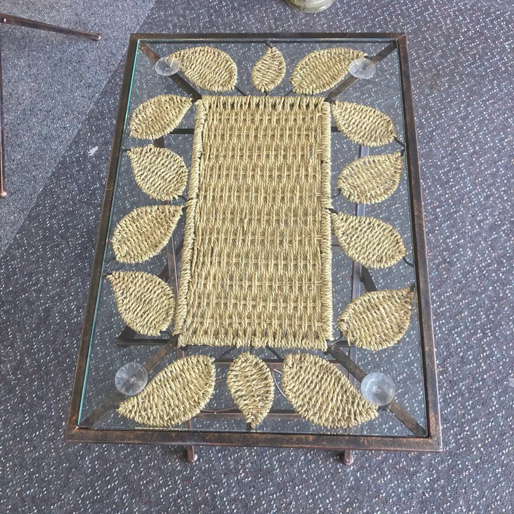 Woven Rattan & Steel Rectangular Glass Top Table, Foldup, H56 W57 D40cm Image 1++