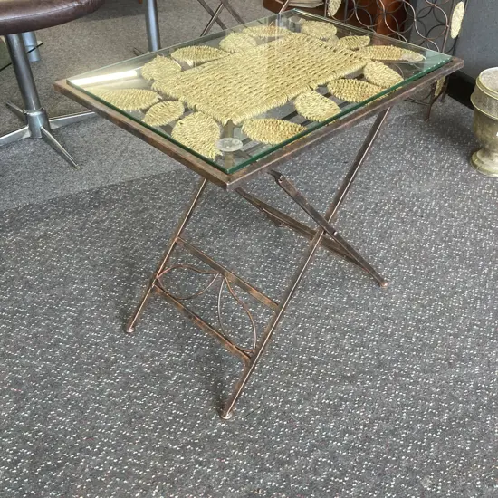 Woven Rattan & Steel Rectangular Glass Top Table, Foldup, H56 W57 D40cm