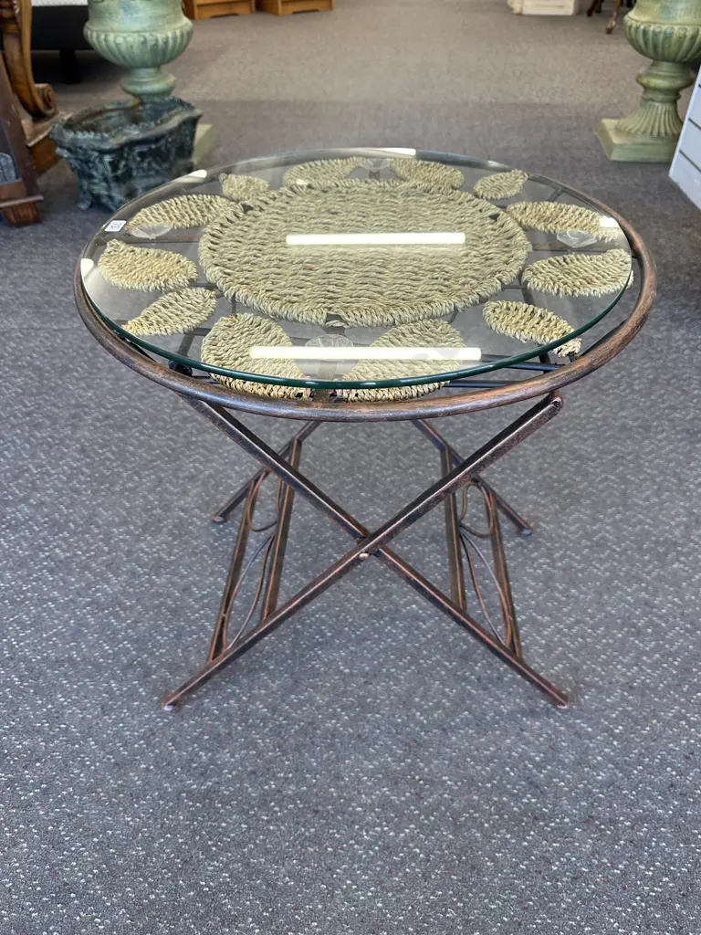 Woven Rattan & Steel Round Glass Top Table, 56 x 52cm Image 1++