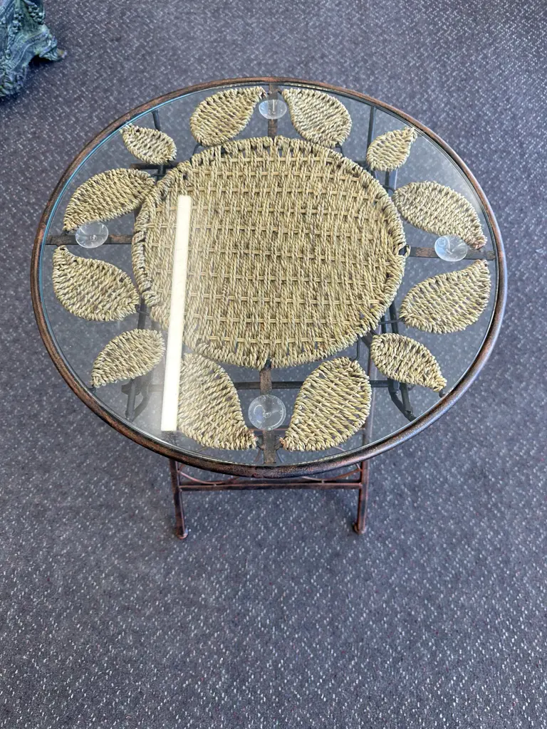 Woven Rattan & Steel Round Glass Top Table, 56 x 52cm Image 1++