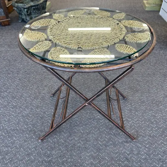 Woven Rattan & Steel Round Glass Top Table, 56 x 52cm