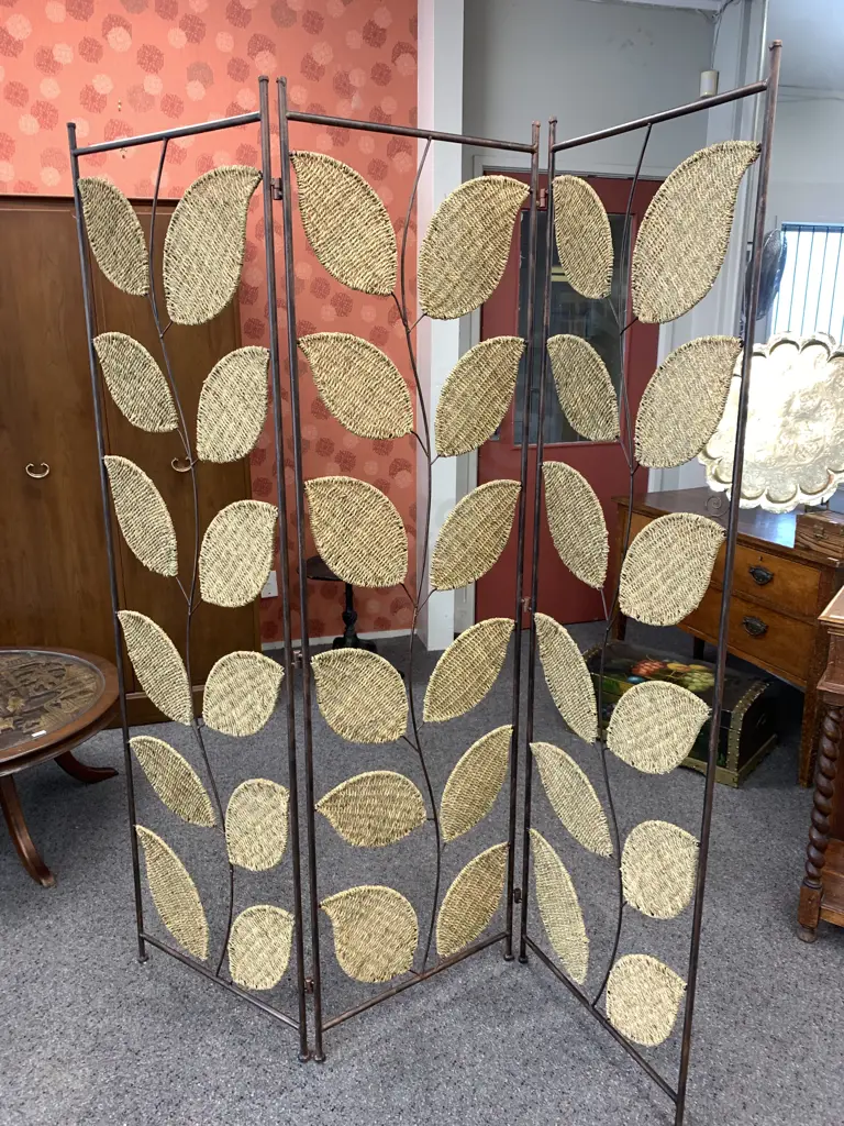 Woven Rattan & Steel 3 Partition Dress Screen, 174.5 x 150cm Image 1++