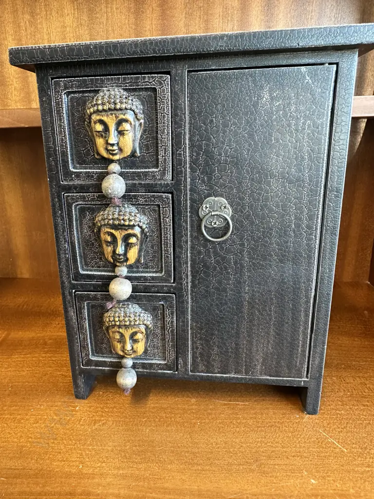 Wooden Jewellery Box Egyptian Themed 3 Drawers I Door H24cm W20cm Image 1++