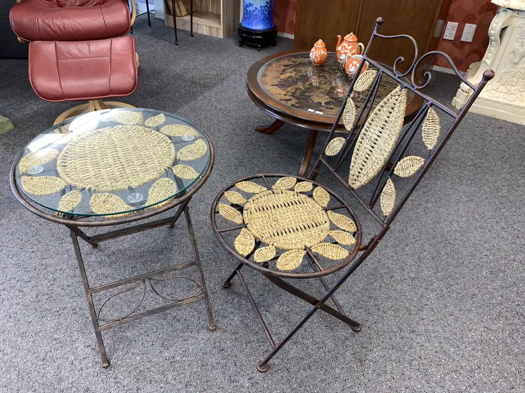 Woven Rattan & Steel Round Glass Top Table, 56 x 52cm With One Chair, Foldup Image 1++