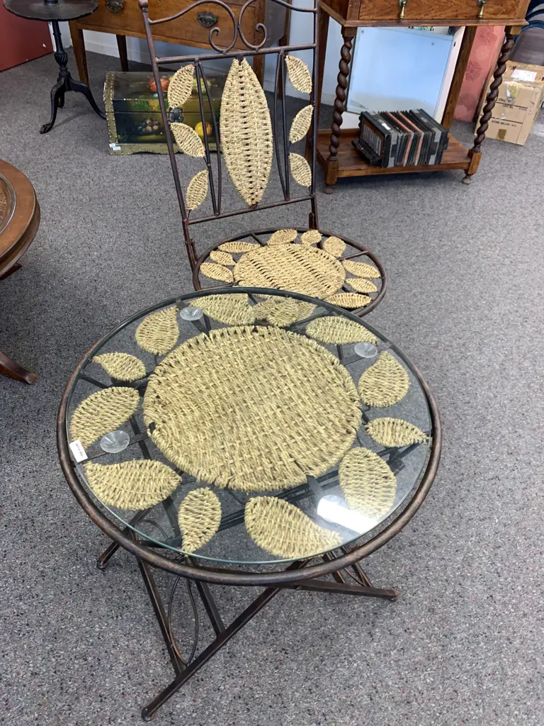 Woven Rattan & Steel Round Glass Top Table, 56 x 52cm With One Chair, Foldup Image 1++