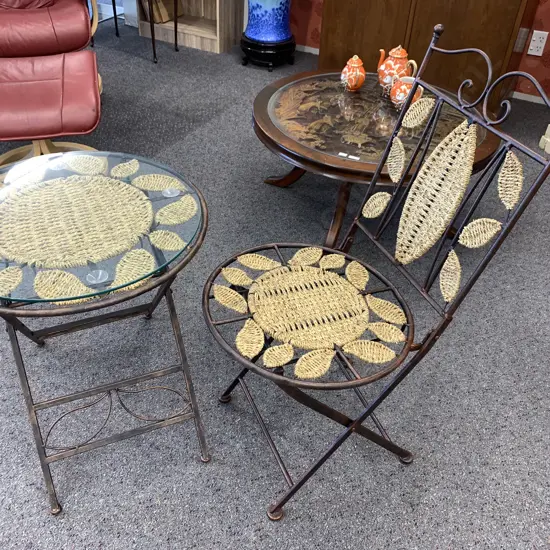 Woven Rattan & Steel Round Glass Top Table, 56 x 52cm With One Chair, Foldup