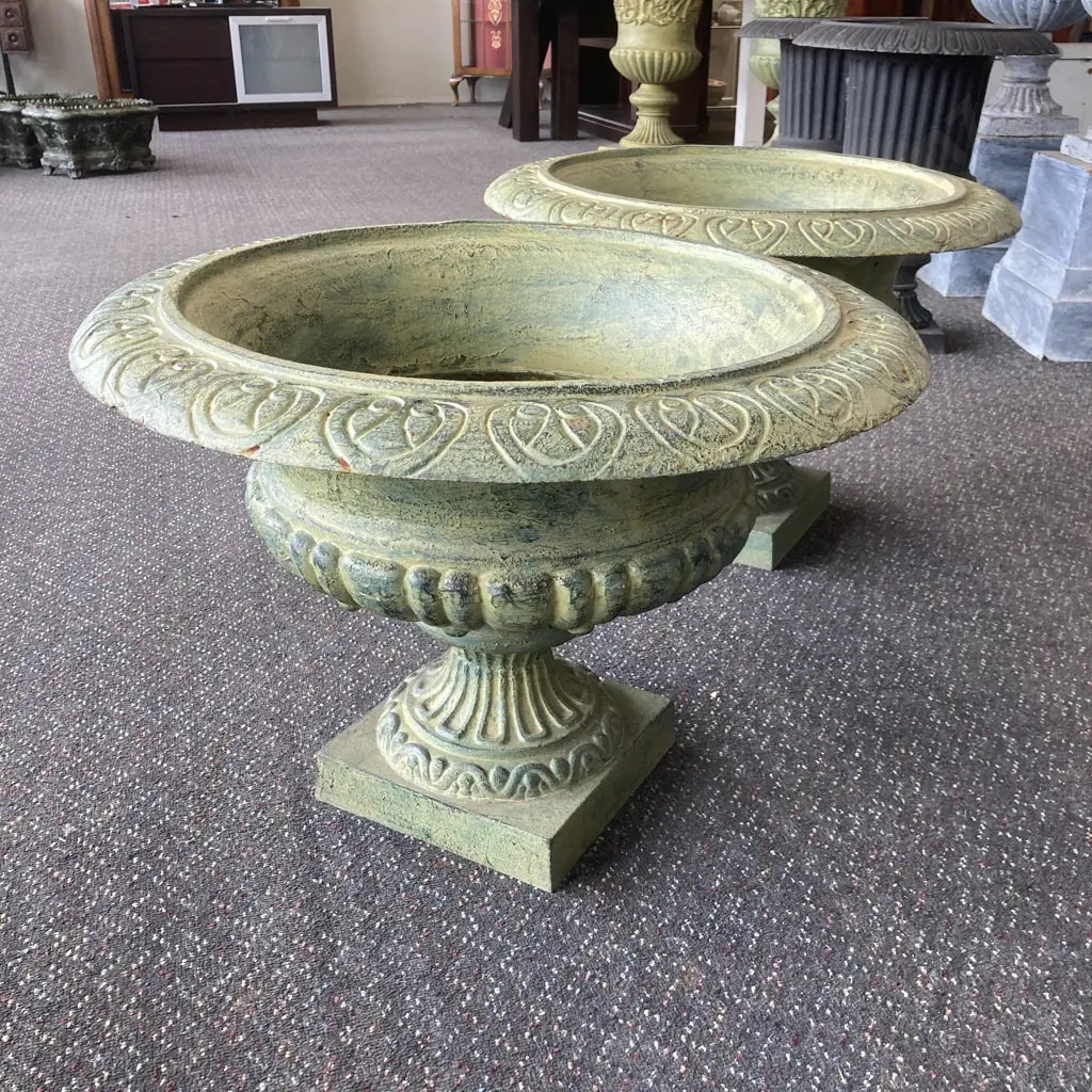 Pair of Cast Iron Round French Classical Style Ornate Planters, Italian Verdigris, 45 x 63cm, 41Kg Image 1++
