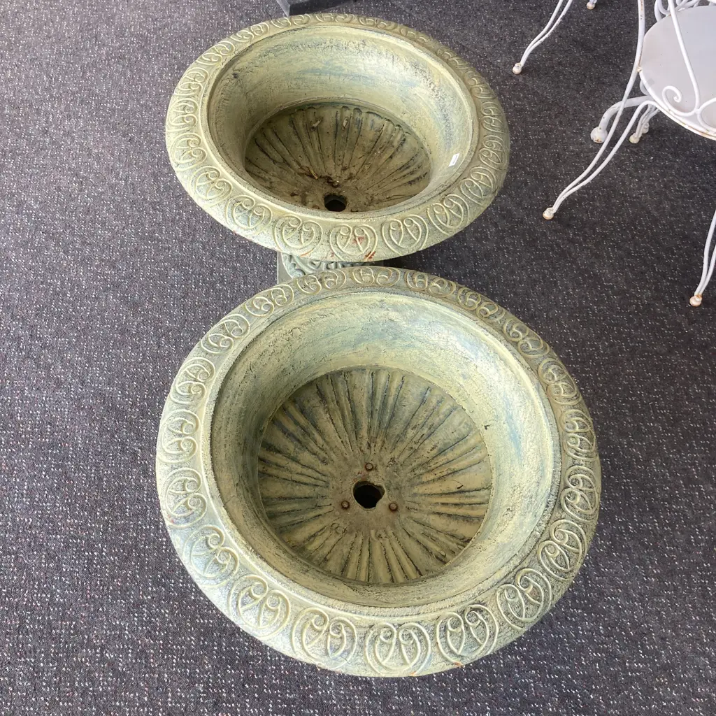 Pair of Cast Iron Round French Classical Style Ornate Planters, Italian Verdigris, 45 x 63cm, 41Kg Image 1++