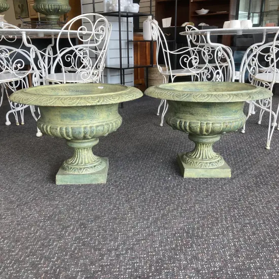 Pair of Cast Iron Round French Classical Style Ornate Planters, Italian Verdigris, 45 x 63cm, 41Kg