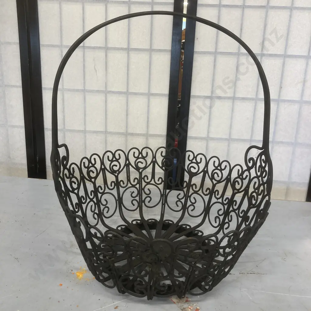 Ornate Black Steel Basket With Handle, 45 x 37cm Image 1++