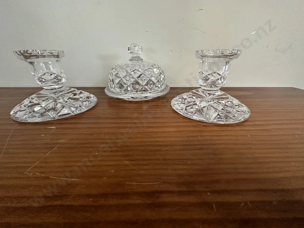 Pair Of Crystal Candle Stick Holders And Lidded Dish Image 1++