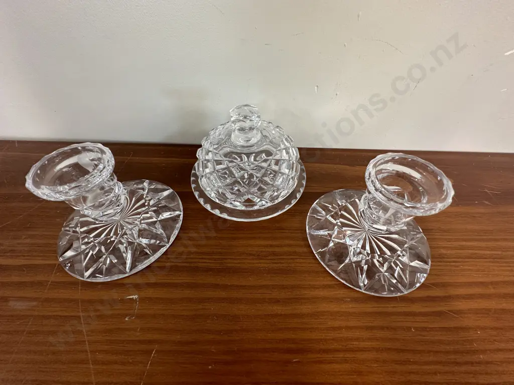 Pair Of Crystal Candle Stick Holders And Lidded Dish Image 1++