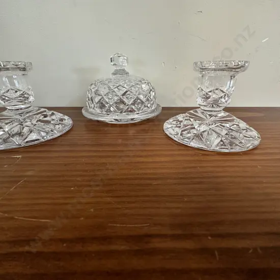 Pair Of Crystal Candle Stick Holders And Lidded Dish