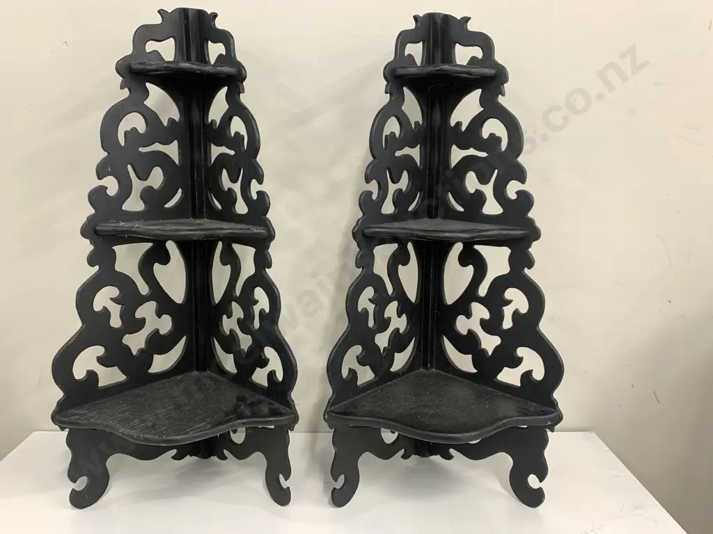 Pair Of Black Wooden Ornate 3 Tier Shelf Units H61cm Image 1++