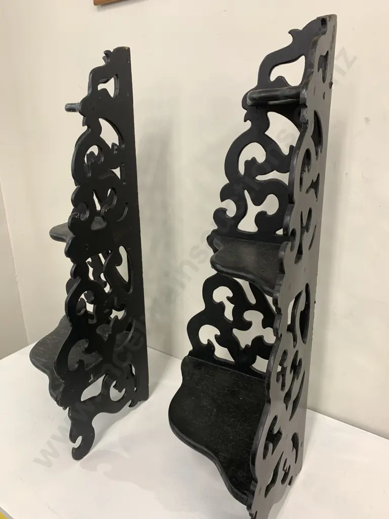 Pair Of Black Wooden Ornate 3 Tier Shelf Units H61cm Image 1++