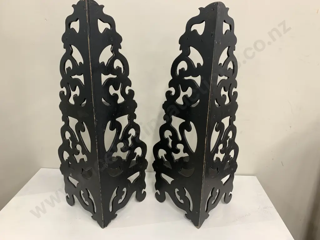 Pair Of Black Wooden Ornate 3 Tier Shelf Units H61cm Image 1++