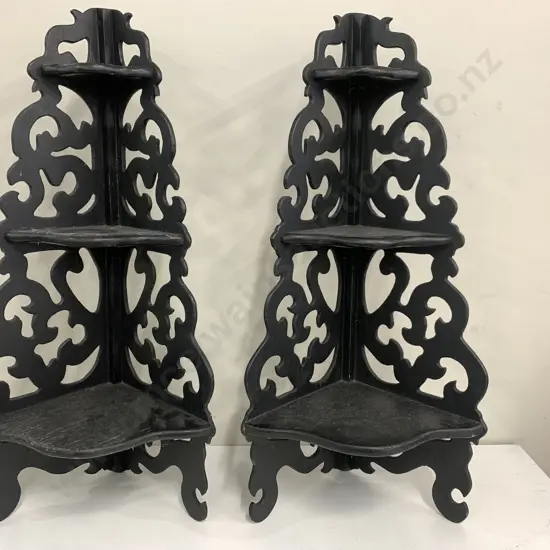 Pair Of Black Wooden Ornate 3 Tier Shelf Units H61cm