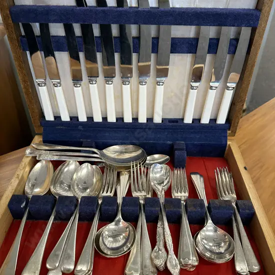 Assorted Cutlery In Canteen Including Rodd Bone Handled Knives, Serving Spoons Etc