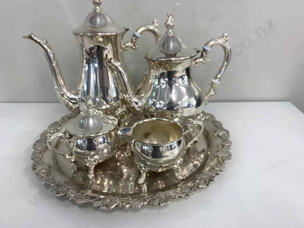 Vintage Silver Plated Coffee Pot, Teapot, Creamer And Sugar Bowl With Rodd Serving Tray Image 1++
