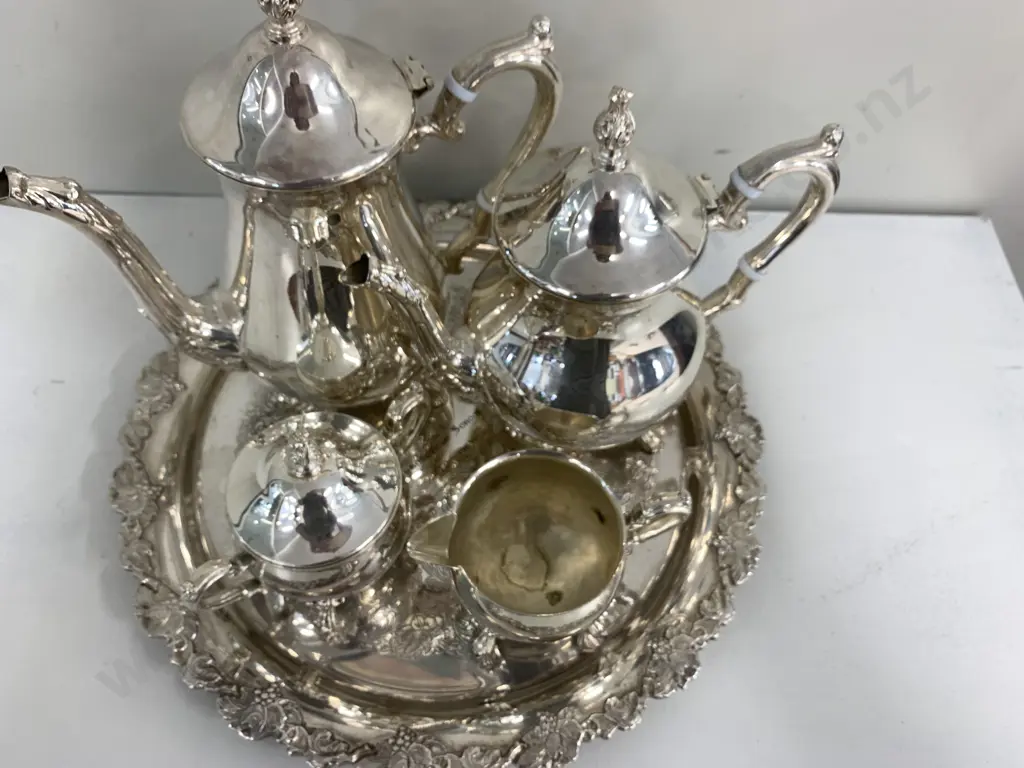 Vintage Silver Plated Coffee Pot, Teapot, Creamer And Sugar Bowl With Rodd Serving Tray Image 1++