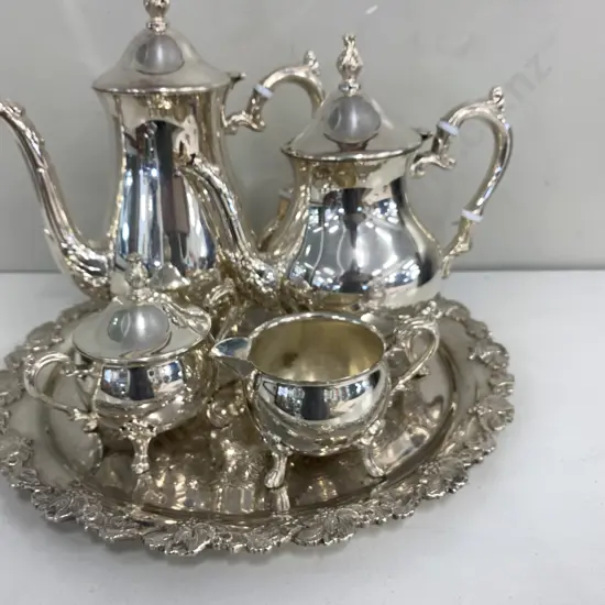 Vintage Silver Plated Coffee Pot, Teapot, Creamer And Sugar Bowl With Rodd Serving Tray