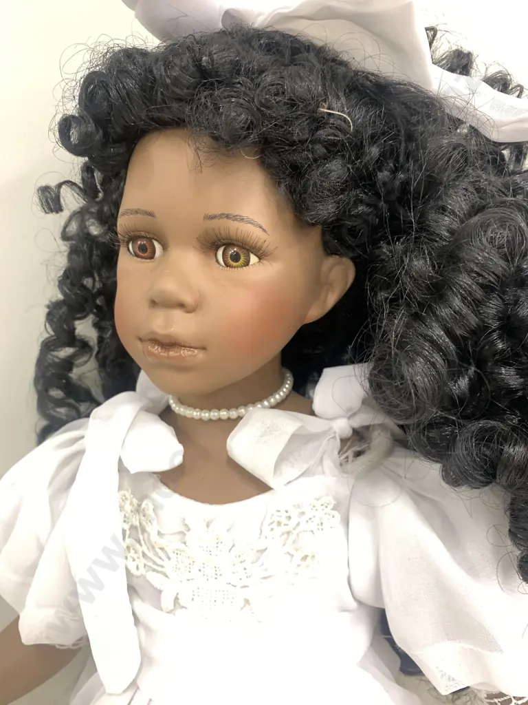 Vintage Porcelain Doll In Dressed In White Dress Image 1++