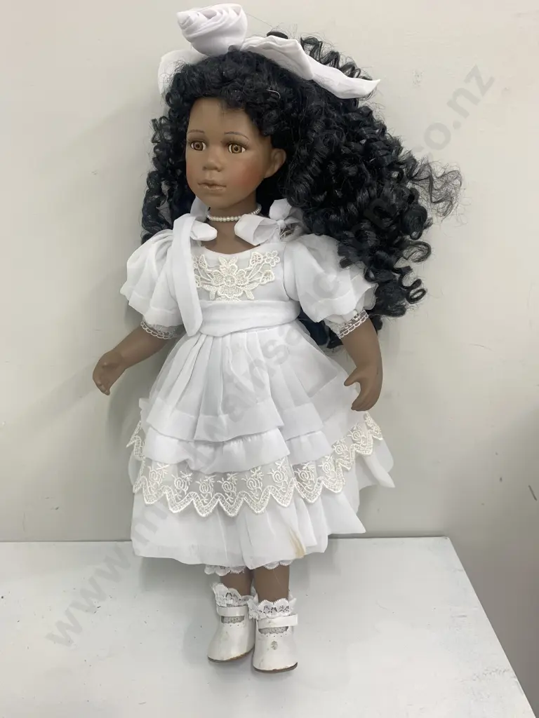Vintage Porcelain Doll In Dressed In White Dress Image 1++