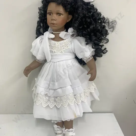 Vintage Porcelain Doll In Dressed In White Dress