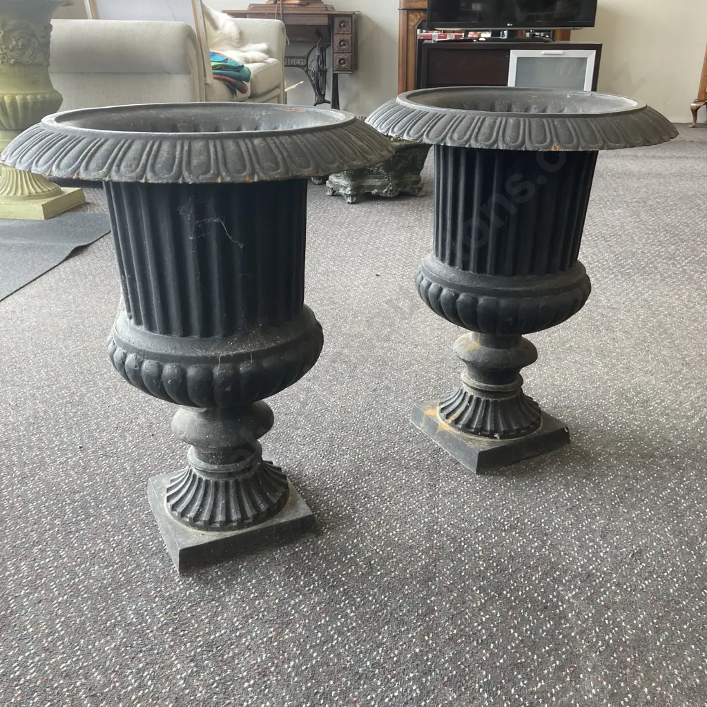Pair of Cast Iron Classical Style Garden Urns, Matt Black, 60 x 48cm, 30.6Kg Image 1++
