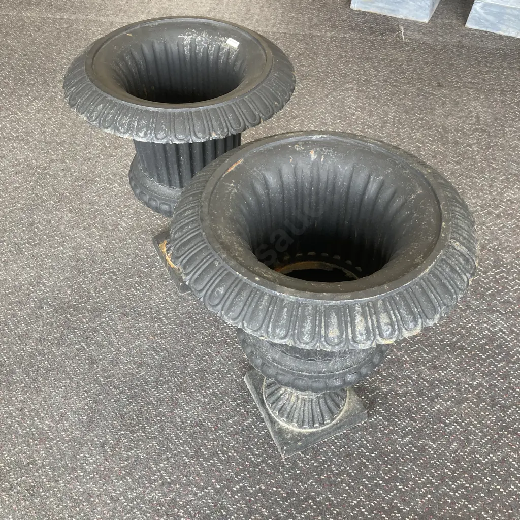 Pair of Cast Iron Classical Style Garden Urns, Matt Black, 60 x 48cm, 30.6Kg Image 1++