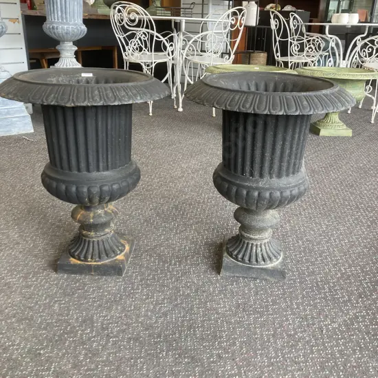Pair of Cast Iron Classical Style Garden Urns, Matt Black, 60 x 48cm, 30.6Kg