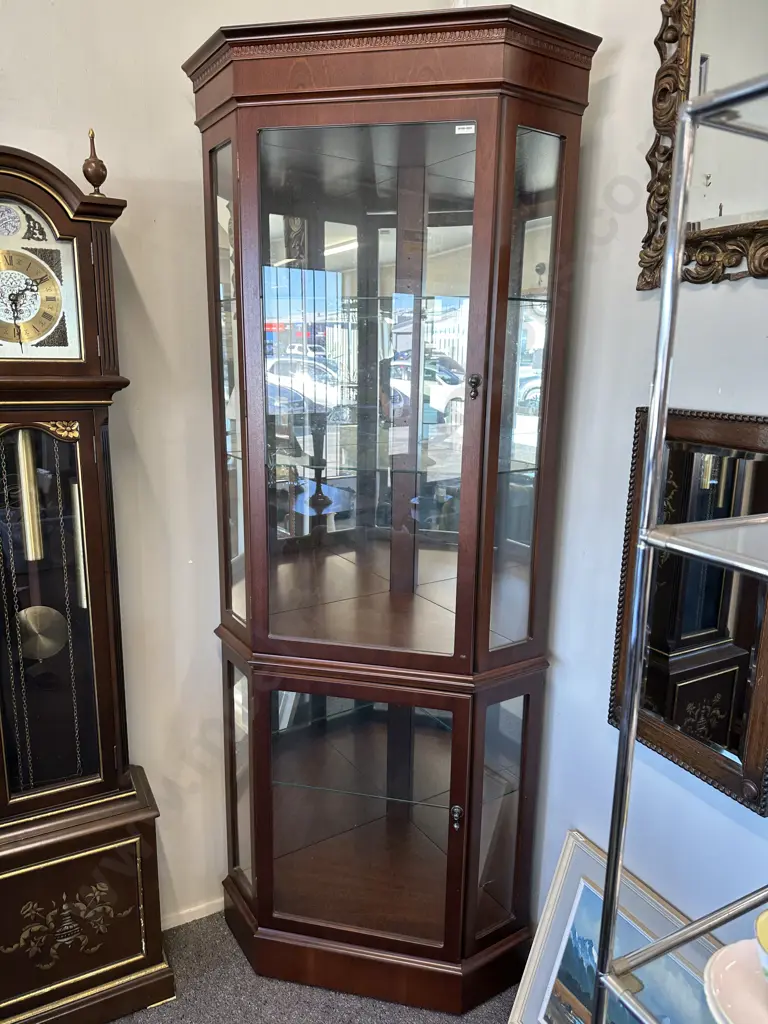 Mahogany Corner Display Cabinet, 2 Door, Mirror Backed, 3 Glass Shelves, H196 W79 D54cm Image 1++