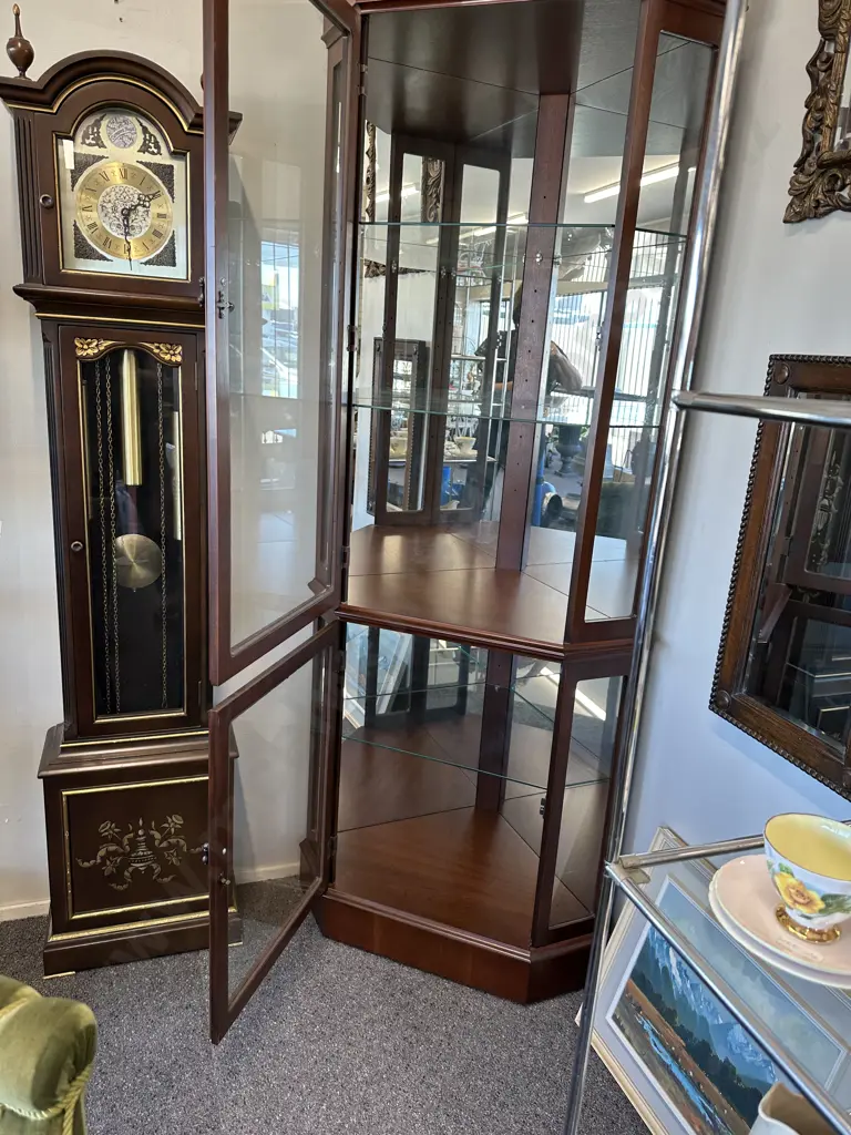 Mahogany Corner Display Cabinet, 2 Door, Mirror Backed, 3 Glass Shelves, H196 W79 D54cm Image 1++