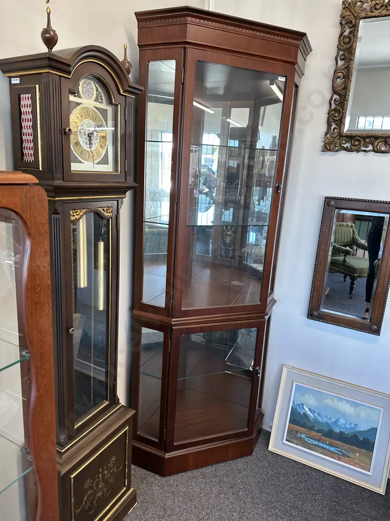 Mahogany Corner Display Cabinet, 2 Door, Mirror Backed, 3 Glass Shelves, H196 W79 D54cm Image 1++